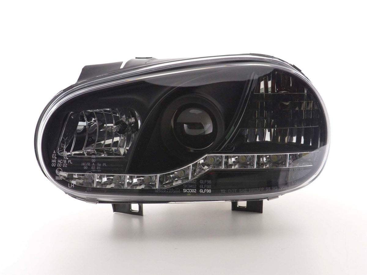 Scheinwerfer Set Daylight LED Tagfahrlicht VW Golf 4 97-03 schwarz Scheinwerfer Set Daylight LED Tagfahrlicht VW Golf 4 97-03 schwarz